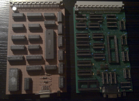 Two video boards, one on perfboard, one etched, from the component side