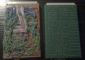 Two video boards, one on perfboard, one etched, from the solder side
